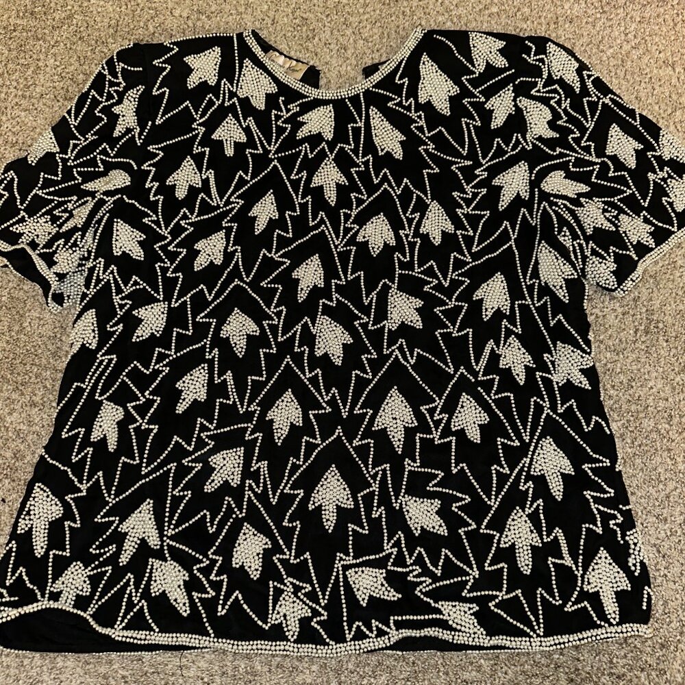 Vintage Laurence Kazar Beaded Formal Silk Shirt Top Blouse Women's Size 1X black